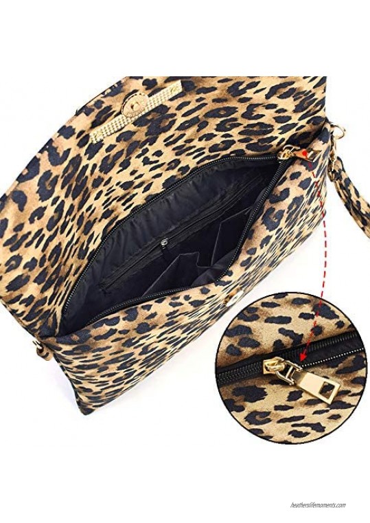 LifeMate Leopard Clutch Shoulder Crossbody Foldover Wristlet Bag for Women Ladies Girls PU Faux Suede Leather
