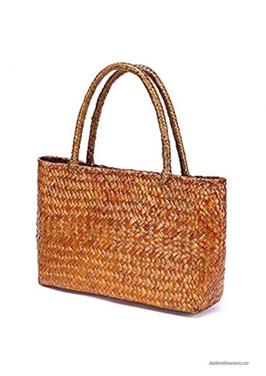 QTKJ Hand-woven Large Retro Straw Shoulder Bag for Women Summer Beach Boho Rattan Tote Travel Bag with Straw Top Handle (Gold)