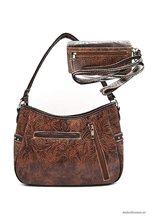 Tooled Leather Laser Cut Concealed Carry Purses Feather Country Western Handbags Shoulder Bags Wallet Set