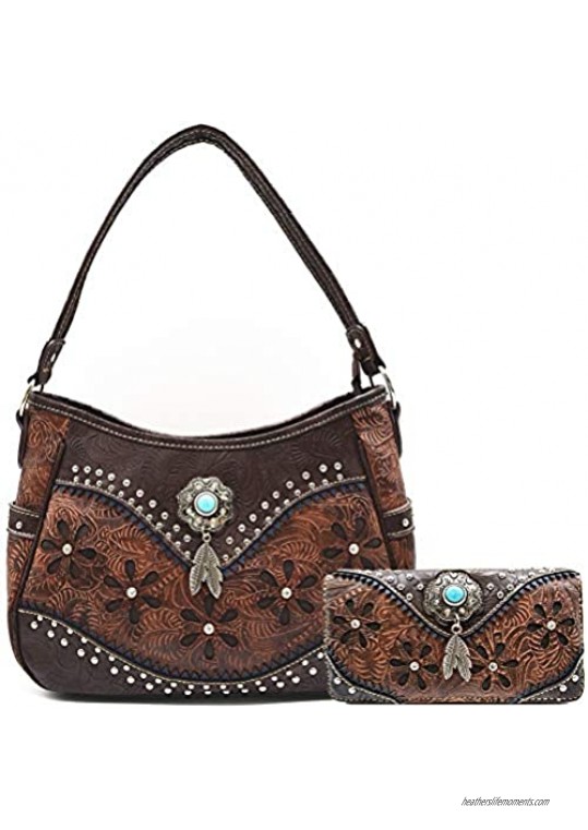 Tooled Leather Laser Cut Concealed Carry Purses Feather Country Western Handbags Shoulder Bags Wallet Set