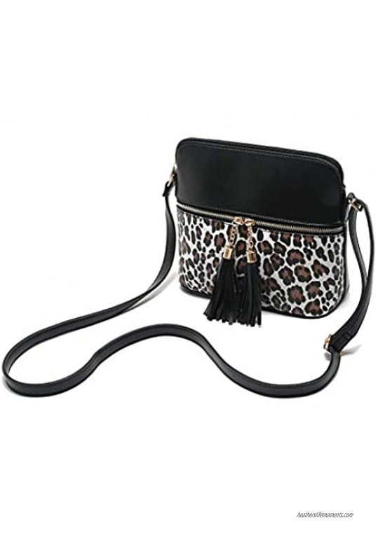 Women's Leopard Print Double Tassels Zipper Pocket Lightweight Dome Crossbody Bag Shoulder Handbag Purse
