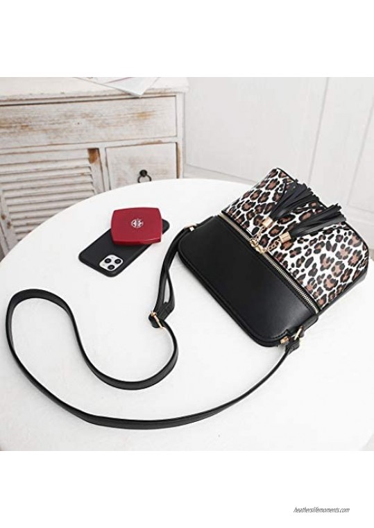 Women's Leopard Print Double Tassels Zipper Pocket Lightweight Dome Crossbody Bag Shoulder Handbag Purse