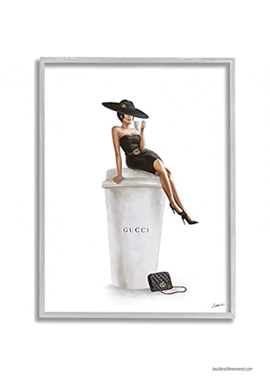 Stupell Industries Stylish Fashion Female Pose Coffee Designer Purse Design by Ziwei Li Gray Framed Wall Art 24 x 30 White