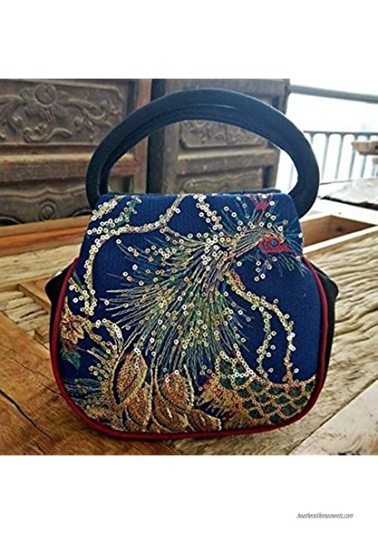 Women Mini Peacock Embroidery Handbag - Ethnic Retro Canvas Shiny Party Purse