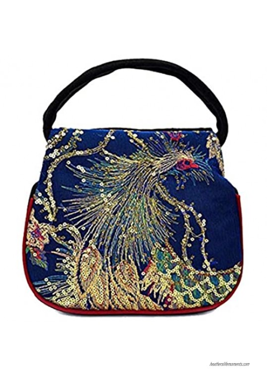 Women Mini Peacock Embroidery Handbag - Ethnic Retro Canvas Shiny Party Purse
