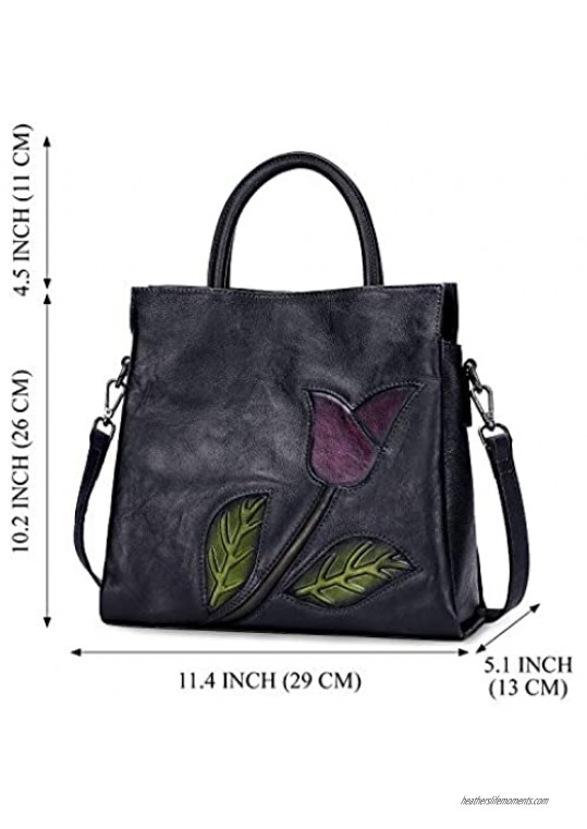 CHERISH KISS Soft Genuine Leather Satchel Bags for Women Purses and Handbags Vintage Embossed Floral Shoulder Bag