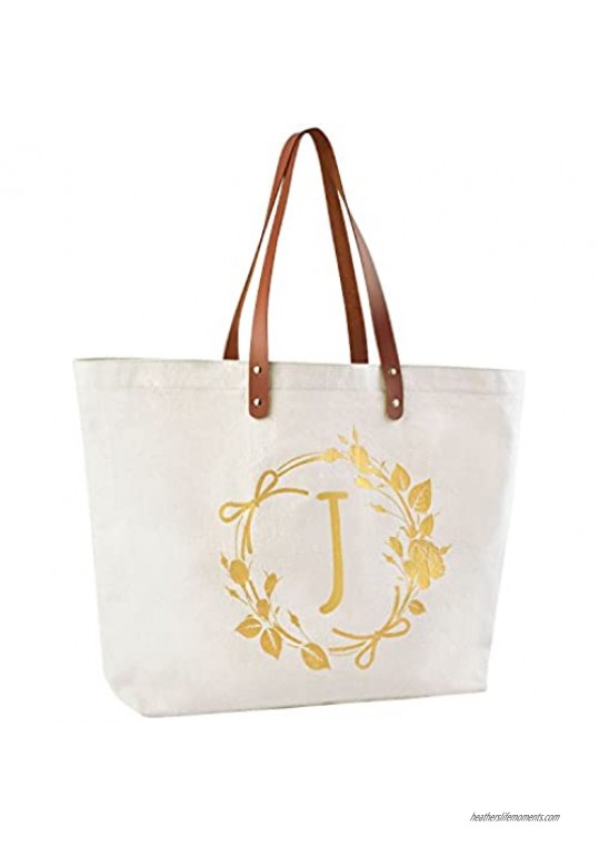 ElegantPark Monogrammed Gifts for Women Personalized Gifts Bag Monogram J Initial Bag Tote for Wedding Bride Bridesmaid Gifts Birthday Gifts Teacher Gifts Bag with Pocket Canvas