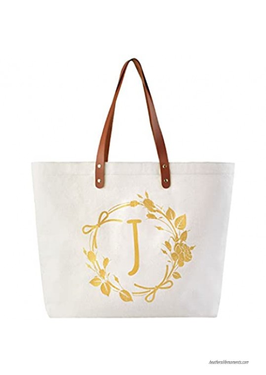 ElegantPark Monogrammed Gifts for Women Personalized Gifts Bag Monogram J Initial Bag Tote for Wedding Bride Bridesmaid Gifts Birthday Gifts Teacher Gifts Bag with Pocket Canvas