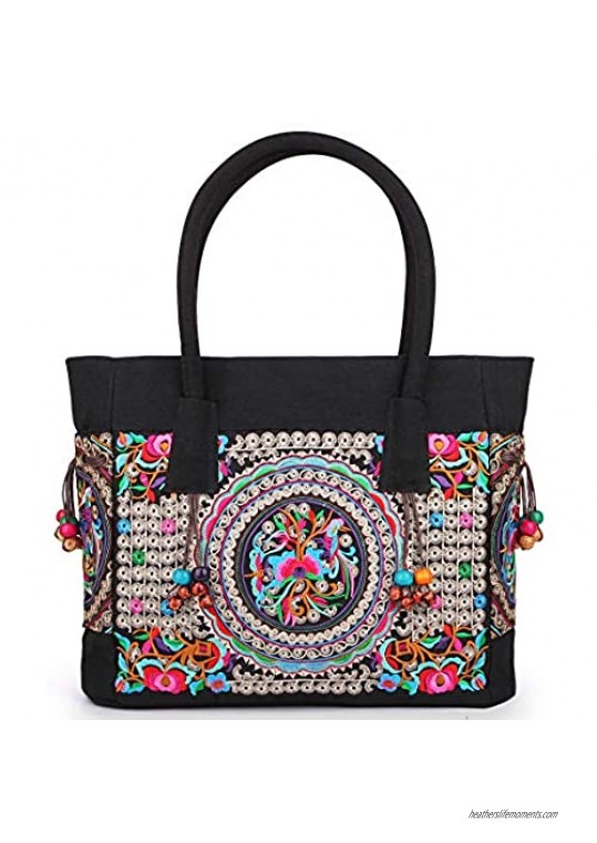 Embroidered Canvas Top Handle Handbag Ladies Casual Vintage Shoulder Bag Fashion Tassels Handbag