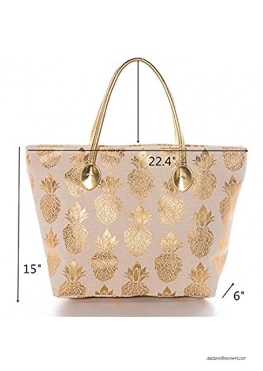 Fashlanlika Women Metal Gold Pineapple Large Beach Tote Bag with Gold Accents