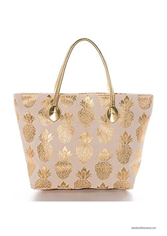 Fashlanlika Women Metal Gold Pineapple Large Beach Tote Bag with Gold Accents