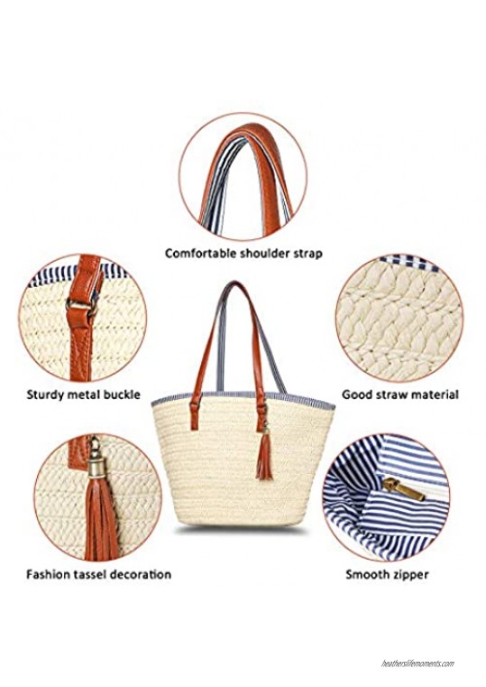 JOSEKO Straw Handbag for Women Weaving Shoulder Bag Outdoor Casual Cross Body Bag Top Handle Satchel