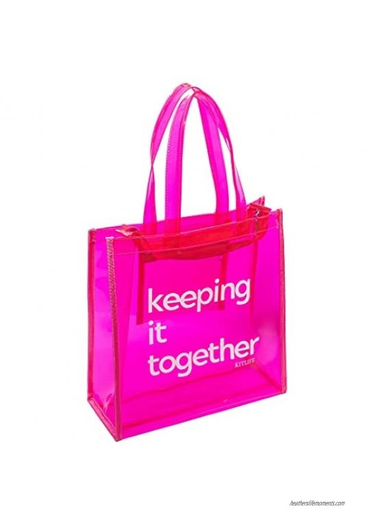 Kitlife “Keeping it Together” Neon  Pink  Transparent Tote Bag. Large Bag with Shoulder Strap and Zipper. Great for Travel  Pool  Beach and more!