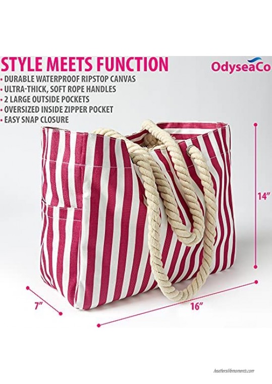 Odyseaco Canvas Beach Bags For Women Waterproof Sandproof - Vacation Essentials Beach Tote Travel Bag Weekender Bag & Overnight Bag – Colorful Large Pink Stripe