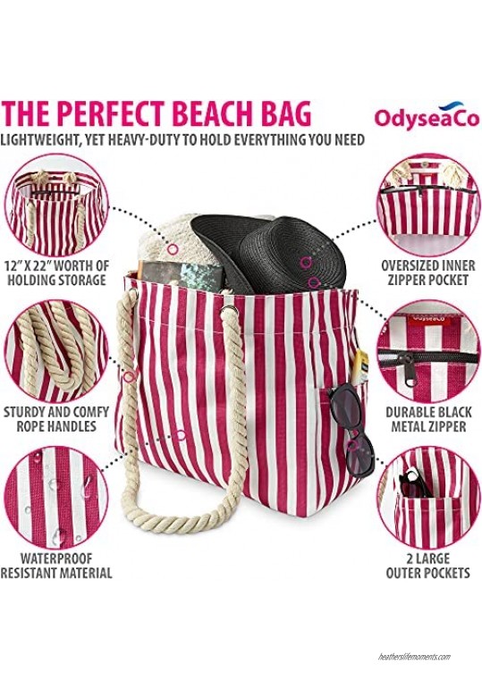 Odyseaco Canvas Beach Bags For Women Waterproof Sandproof - Vacation Essentials Beach Tote Travel Bag Weekender Bag & Overnight Bag – Colorful Large Pink Stripe