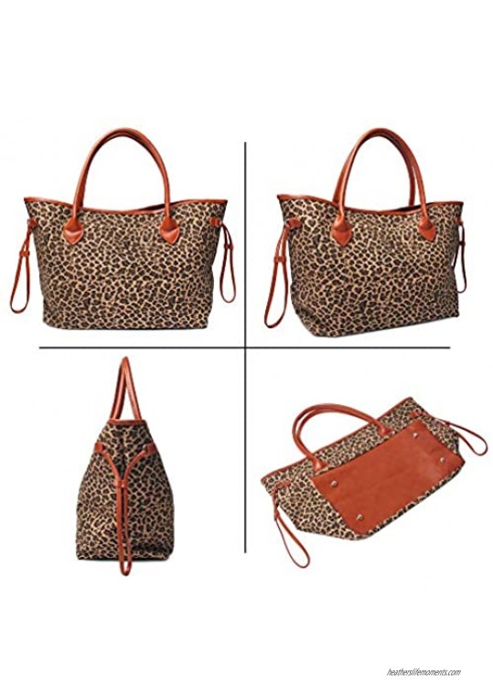Oversized Women Canvas Casual Tote Bag Leopard Cheetah Print Handbag with Faux Leather Handle
