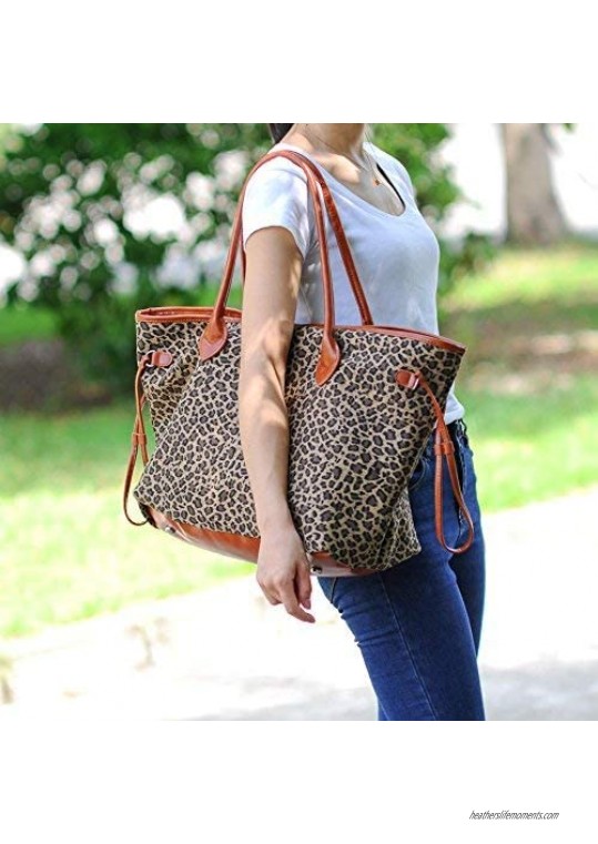 Oversized Women Canvas Casual Tote Bag Leopard Cheetah Print Handbag with Faux Leather Handle