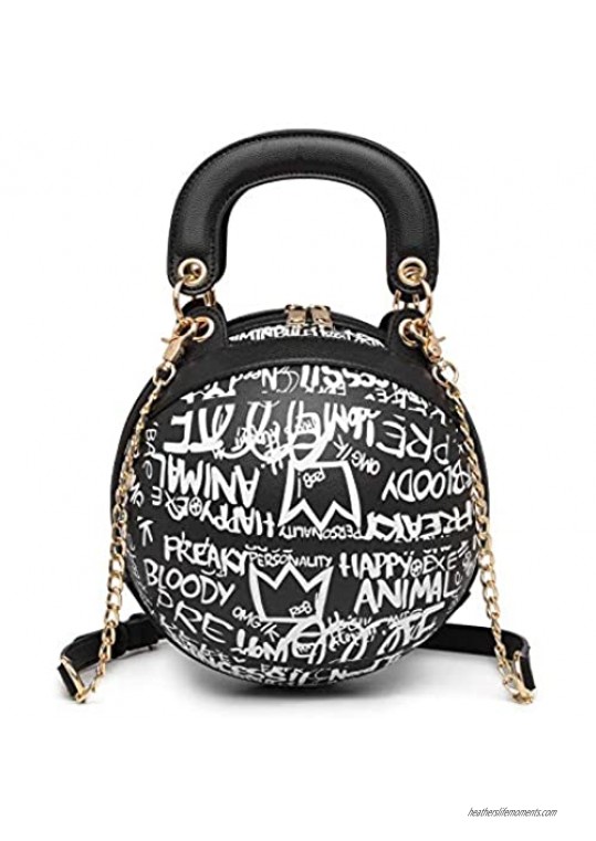 Teridiva Graffiti Letter Basketball Shaped Purse for Women Round Crossbody Bag Ladies Messenger Handbag