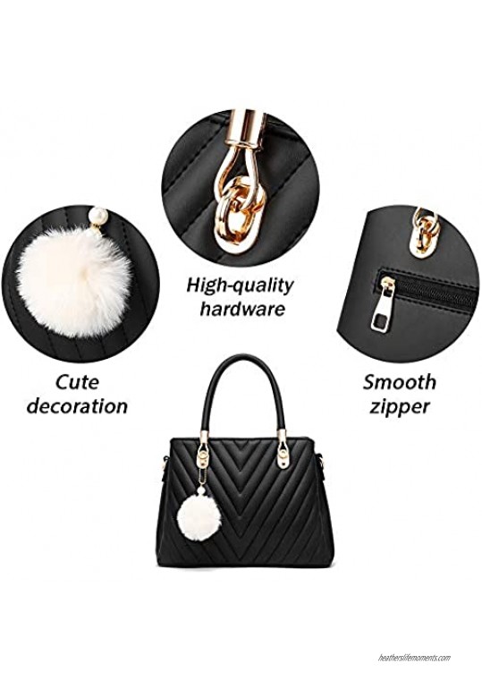Womens Fashion Leather Handbags Quilted Purses Top-handle Totes Satchel Bag for Ladies Shoulder Bag for Girls with Pompom