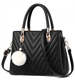 Womens Fashion Leather Handbags Quilted Purses Top-handle Totes Satchel Bag for Ladies Shoulder Bag for Girls with Pompom