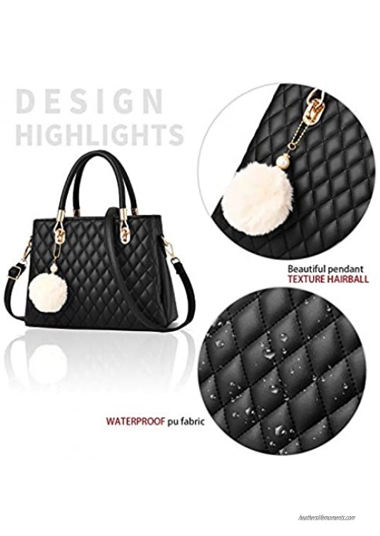 Womens Leather Handbag Purses Top Handle Quilted Shoulder Bag Totes Satchel for Ladies with Pompon