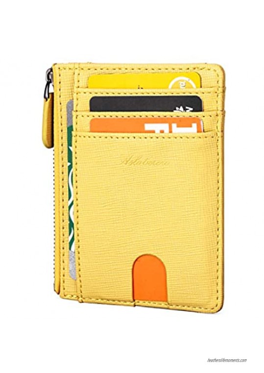 AslabCrew Genuine Leather Minimalist Zipper Credit Card Holder Slim Wallets RFID Blocking Pluie-Yellow