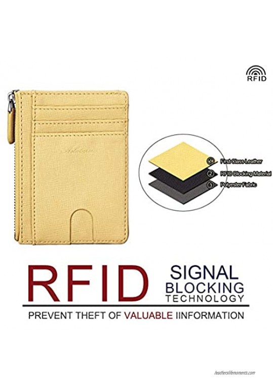 AslabCrew Genuine Leather Minimalist Zipper Credit Card Holder Slim Wallets RFID Blocking Pluie-Yellow