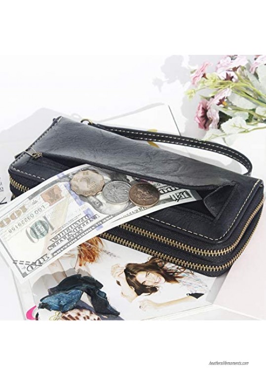 Autumnwell RFID Blocking Double Zipper Long Clutch Wallet Cellphone Wallet for Women with Hand Strap for Card Cash Coin Bill …