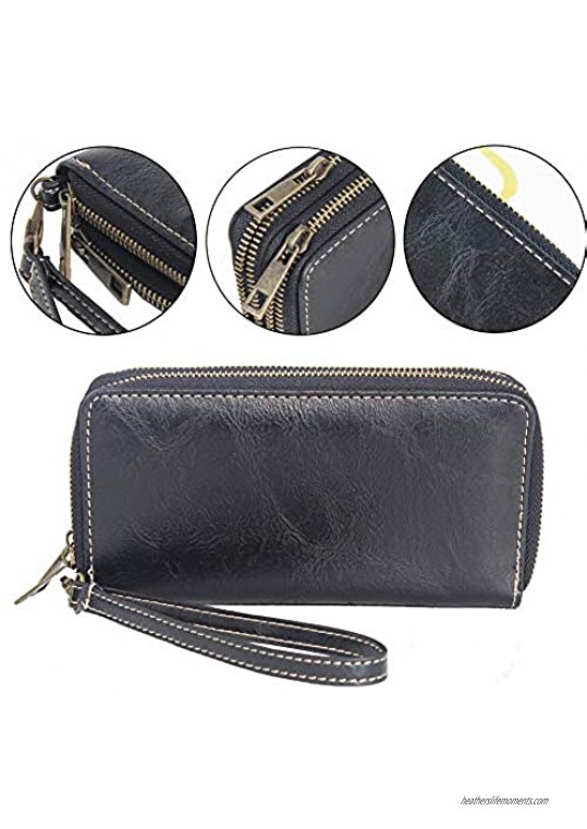 Autumnwell RFID Blocking Double Zipper Long Clutch Wallet Cellphone Wallet for Women with Hand Strap for Card Cash Coin Bill …