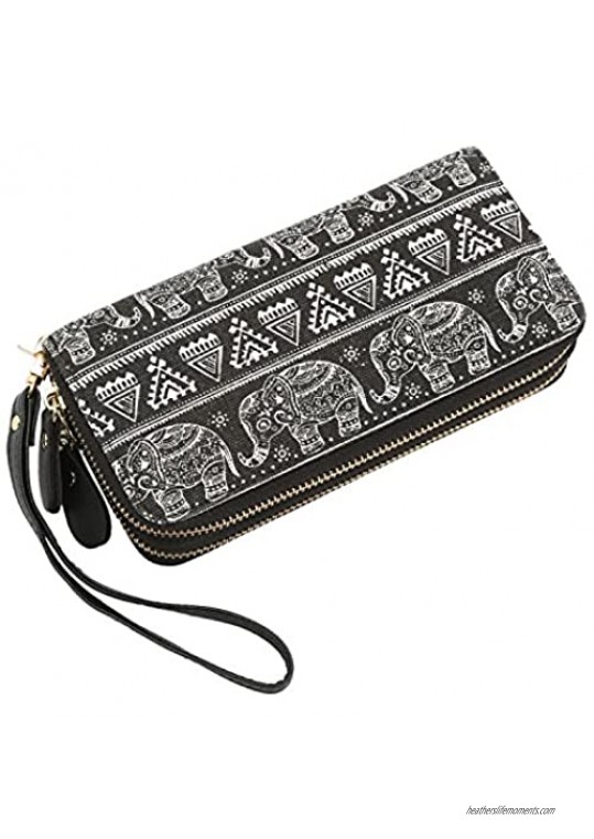 Bohemian Purse Wallet Canvas Elephant Pattern Handbag with Coin Pocket and Strap (Large Black Elephant)