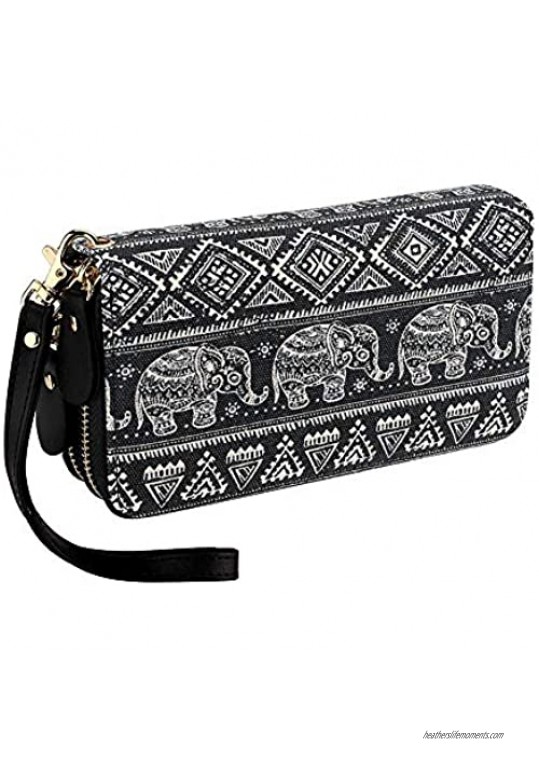Bohemian Purse Wallet Canvas Elephant Pattern Handbag with Coin Pocket and Strap (Large  Black Elephant)