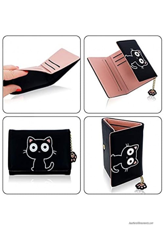 Conisy Women's Small Leather Trifold Wallet Cute Little Cat Pattern Slim Front Pocket Ladies Purse (black)