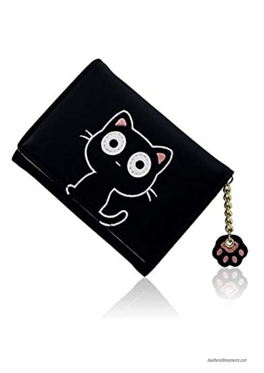 Conisy Women's Small Leather Trifold Wallet Cute Little Cat Pattern Slim Front Pocket Ladies Purse (black)