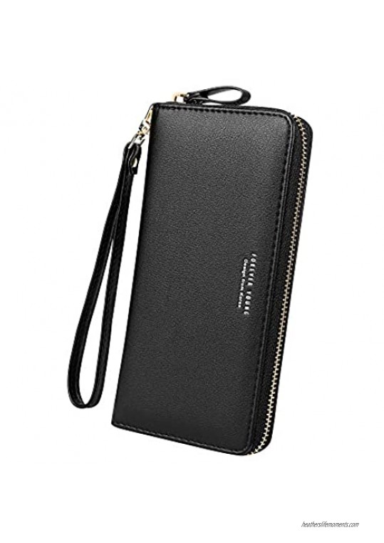 Cynure Women's Large Leather Card Organizer Zipper long wristlet Checkbook Clutch Wallet Black
