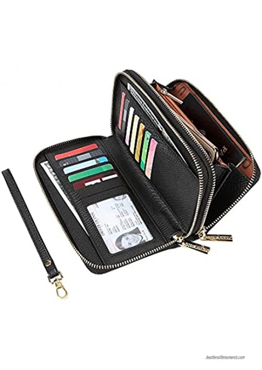 Cynure Women's Large Zipper Card Organizer Long Leather Wristlet Clutch Wallet for Ladies   Black