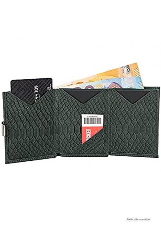 EXENTRI Leather Trifold Wallet - RFID Blocking w/Stainless Steel Locking Clip (Green)