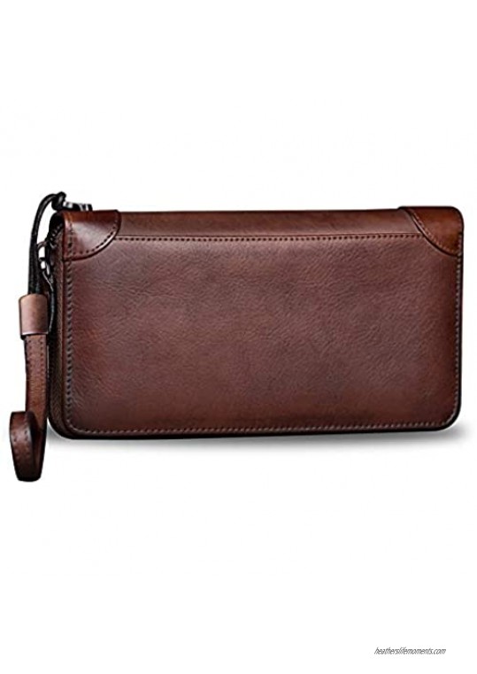 Genuine Leather Wallet for Women Dual Use Zip Long Purse Vintage Handmade Clutch Cowhide Card Holder Organizer (Coffee)