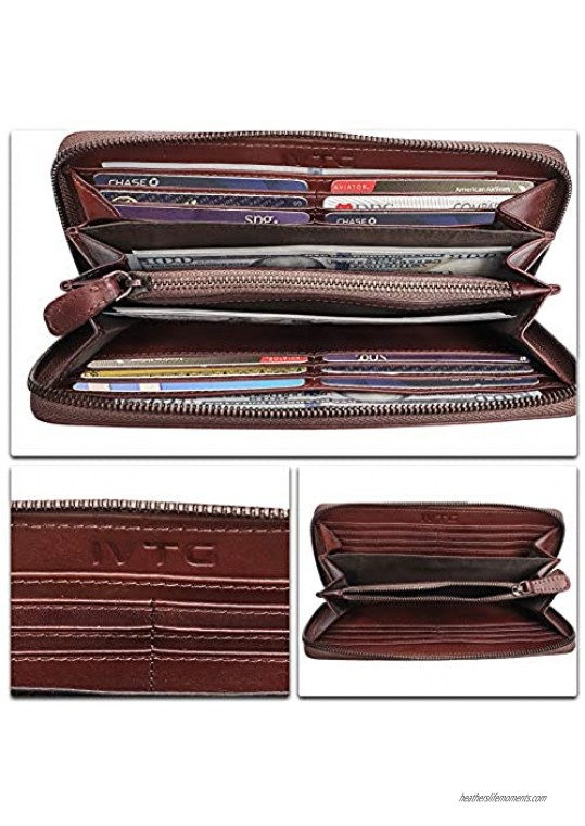 Genuine Leather Wallet for Women Dual Use Zip Long Purse Vintage Handmade Clutch Cowhide Card Holder Organizer (Coffee)