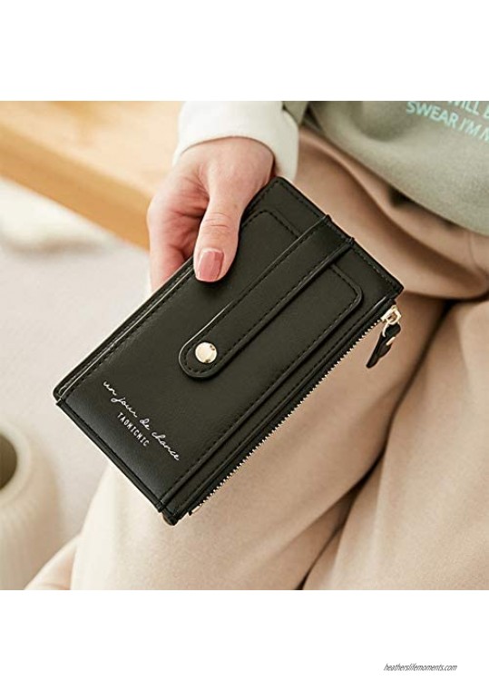 HOYOFO Slim Wallet for Women RFID Leather Credit Card Holder Wallet with Zipper Coin Pocket Bifold Card Case Money Organizer (Black)