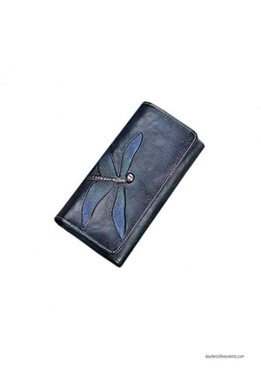 KIMINII Slim Wallets for Women Embossed Dragonfly Handmade Leather Wallet Cellphone Clutch Holder Purse 9630