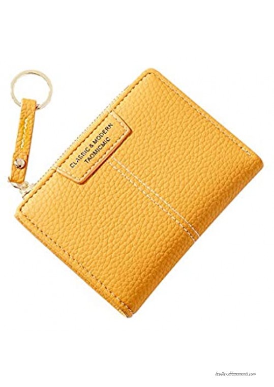 Small Wallets for Women Bifold Leather Short Wallet Lady Mini Purse with Coin Pocket Key Ring (Yellow)