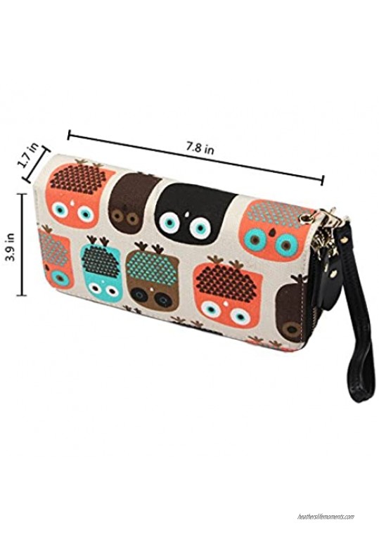 Women Zipper Wallet Owl Wallet Purse Canvas Phone Card Holder with Coin Pocket and Strap