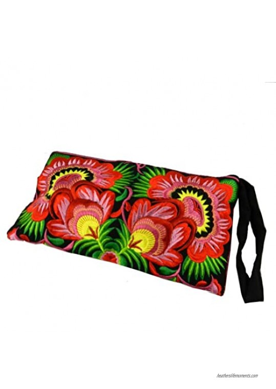 BTP! HMONG Wristlet Clutch Hill Tribe Ethnic Embroidered Bag Hippie Boho Hobo Red Floral Large HMW2