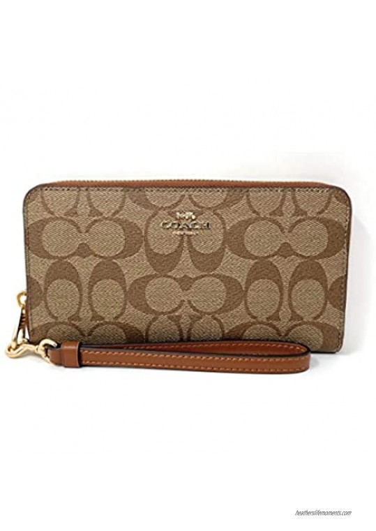 COACH Womens Long Zip Around Wallet In Signature Canvas With Strap (Khaki Redwood)