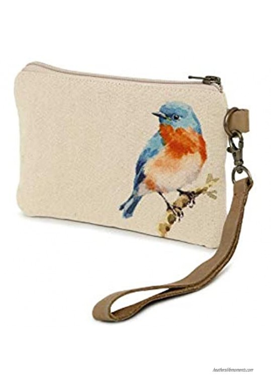 Cott N Curls BlueBird Canvas and Leather Wristlet Leather Belt Zip Pocket Dry Clean