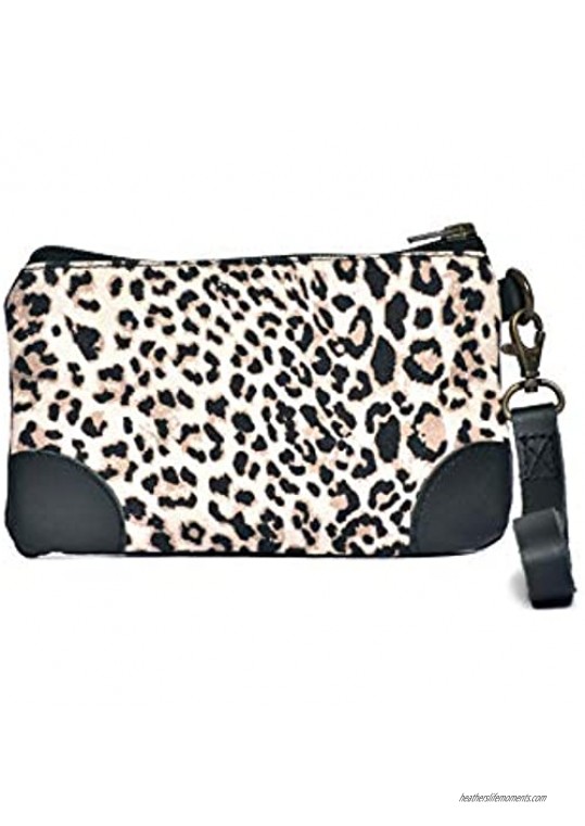 Cott N Curls Leopard Wristlet  Skin Printed  Canvas Bag  Leather Handle  Zip Pocket  Light Weight  26 Inches Width