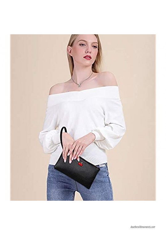 GERINLY Women PU Leather Cherry Wristlet Purse Plain Lychee Pattern Party Clutch Bag Fashion Zipper Oblong Phone Holder