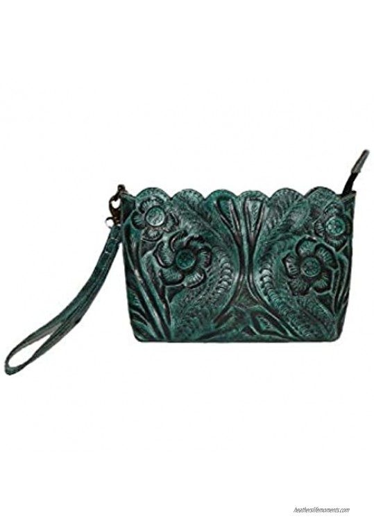 Ladies Handtooled Geniune Leather Fashion Wristlet Clutch Purse with Strap