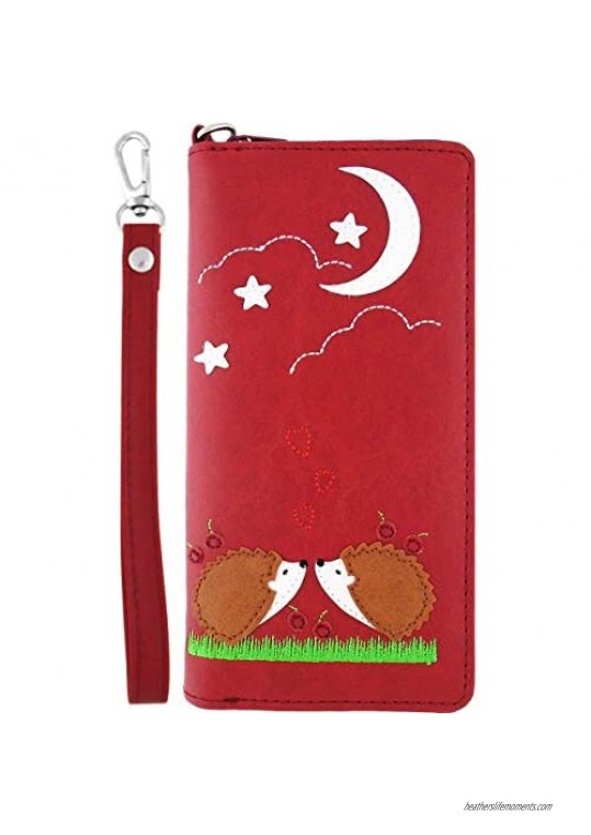 LAVISHY Hedgehog Lovers Under The Moon Applique Vegan/Faux Leather Large Wristlet Wallet