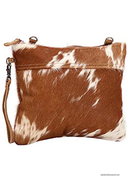 Myra Bag Ivory & Drab Upcycled Leather & Cowhide Wristlet Pouch Bag S-1491